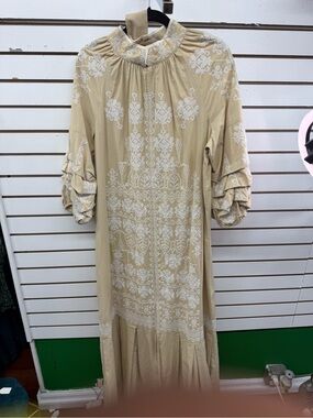 Vintage Much More Beige Embroidered Prairie Maxi Dress Cottagecore Size 14